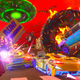 Dinosaurs, giant doughnuts, and UFOs attack in a screenshot from Cruis'n Blast.
